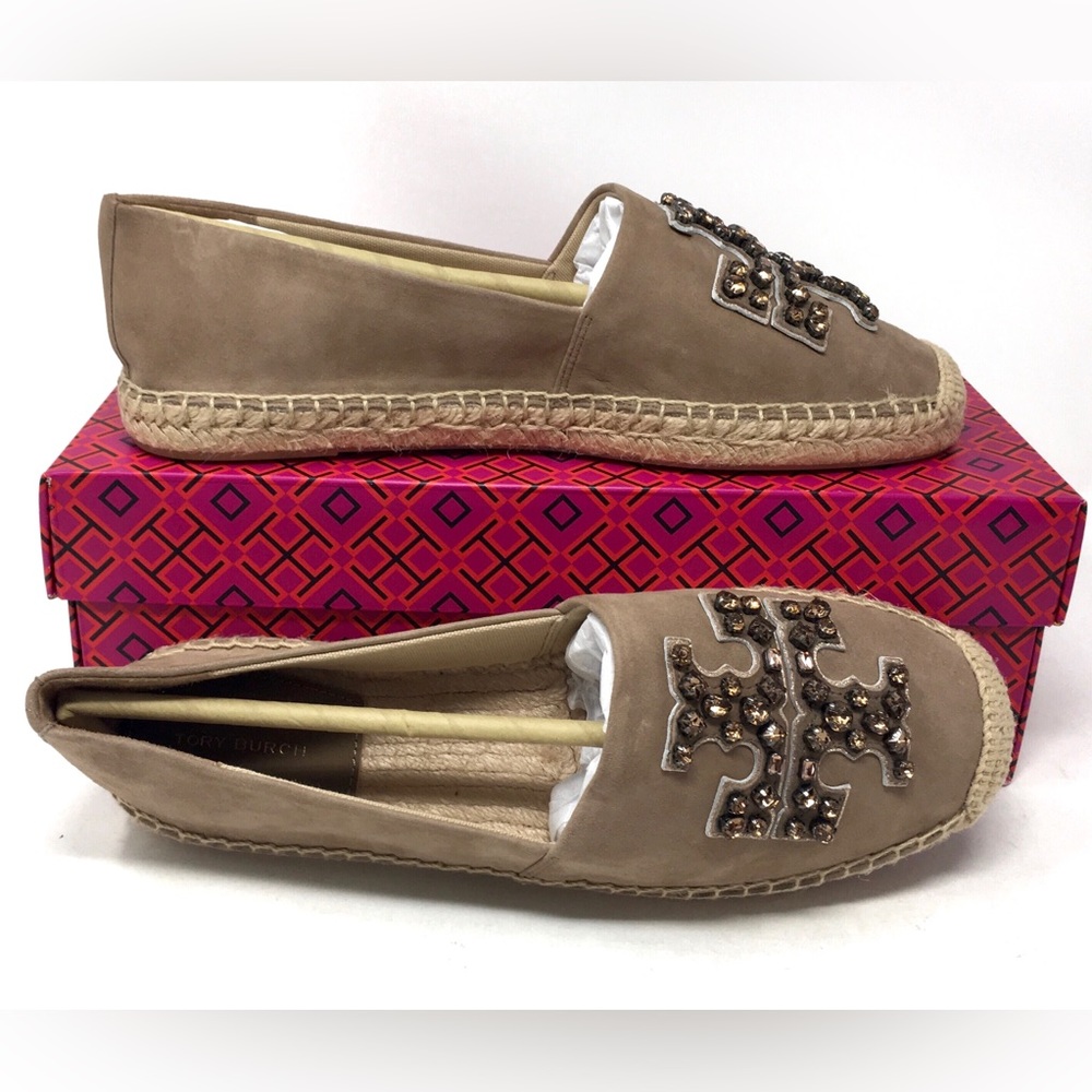 Tory Burch Embellished Suede Espadrille Jewel Almond Flour, NIB